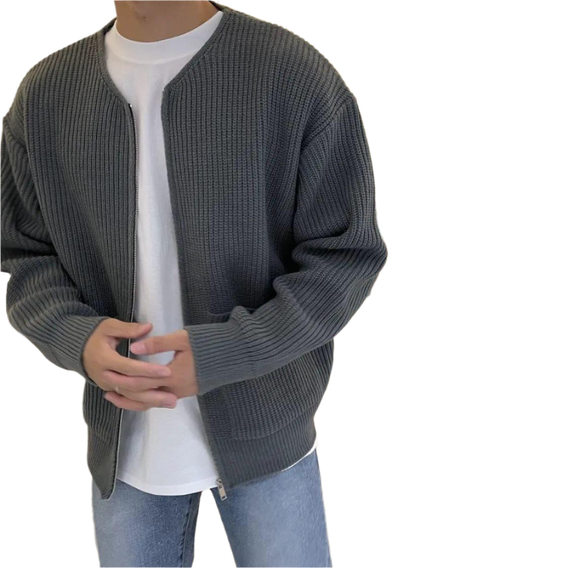 Men Zip Up Knitted Funnel Neck Cardigan Seasia