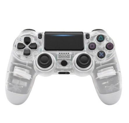 Wireless controller with clear and white design on a white background