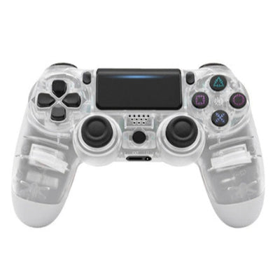Wireless controller with clear and white design on a white background