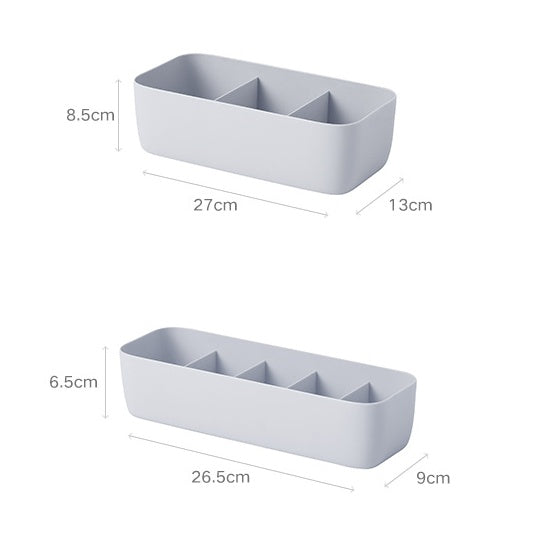 Gray rectangular organizer with dimensions labeled on a white background