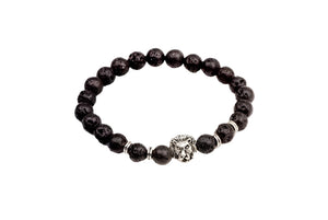 Black beaded bracelet with a silver clasp on a white background