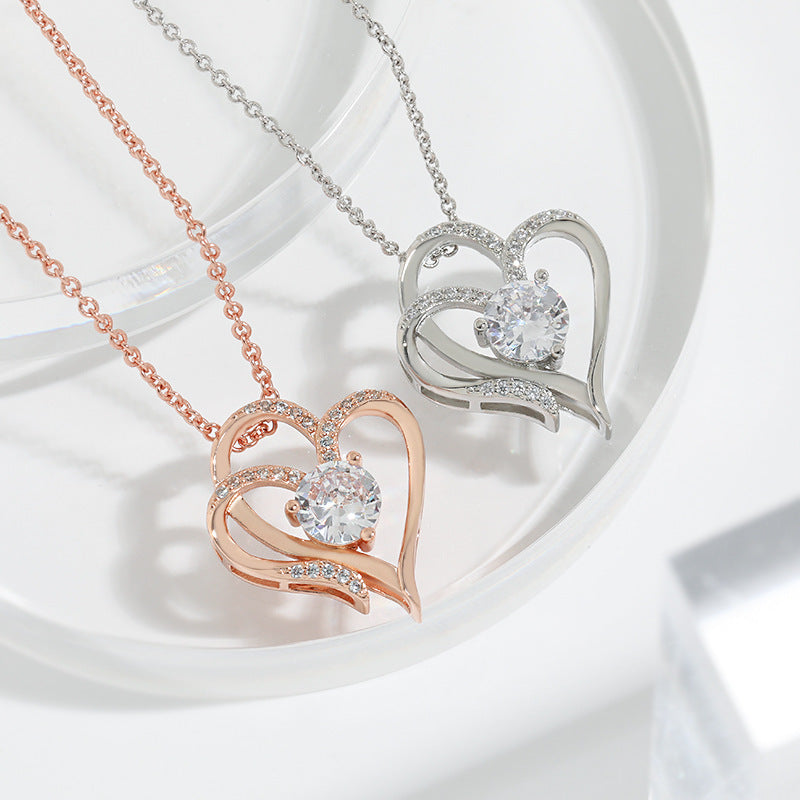 Double Heart Zircon Pendant Necklace Seasia