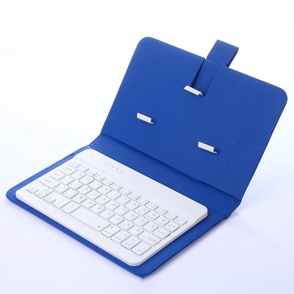 Blue keyboard cover with a white keyboard inside on a white background