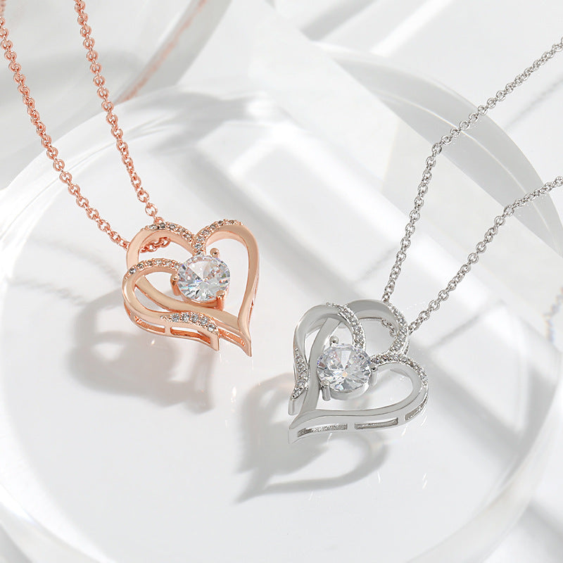 Double Heart Zircon Pendant Necklace Seasia