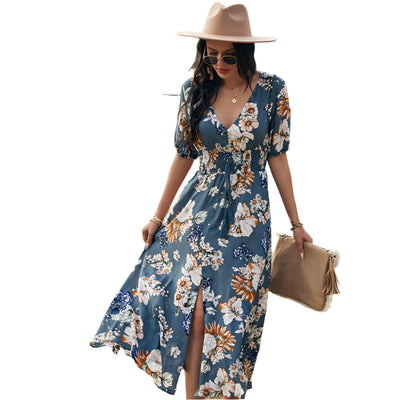 Floral V-Neck Summer Beach Dress – Elastic Waist Mid-Length Seasia