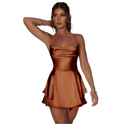Elegant Satin Backless Mini Dress – Lace-Up A-Line Seasia