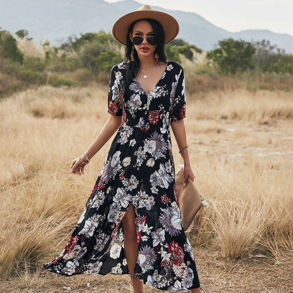 Floral V-Neck Summer Beach Dress – Elastic Waist Mid-Length Seasia