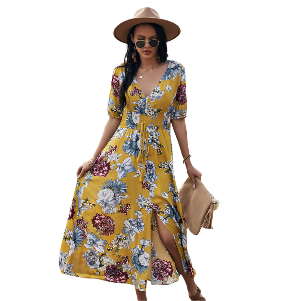 Floral V-Neck Summer Beach Dress – Elastic Waist Mid-Length Seasia