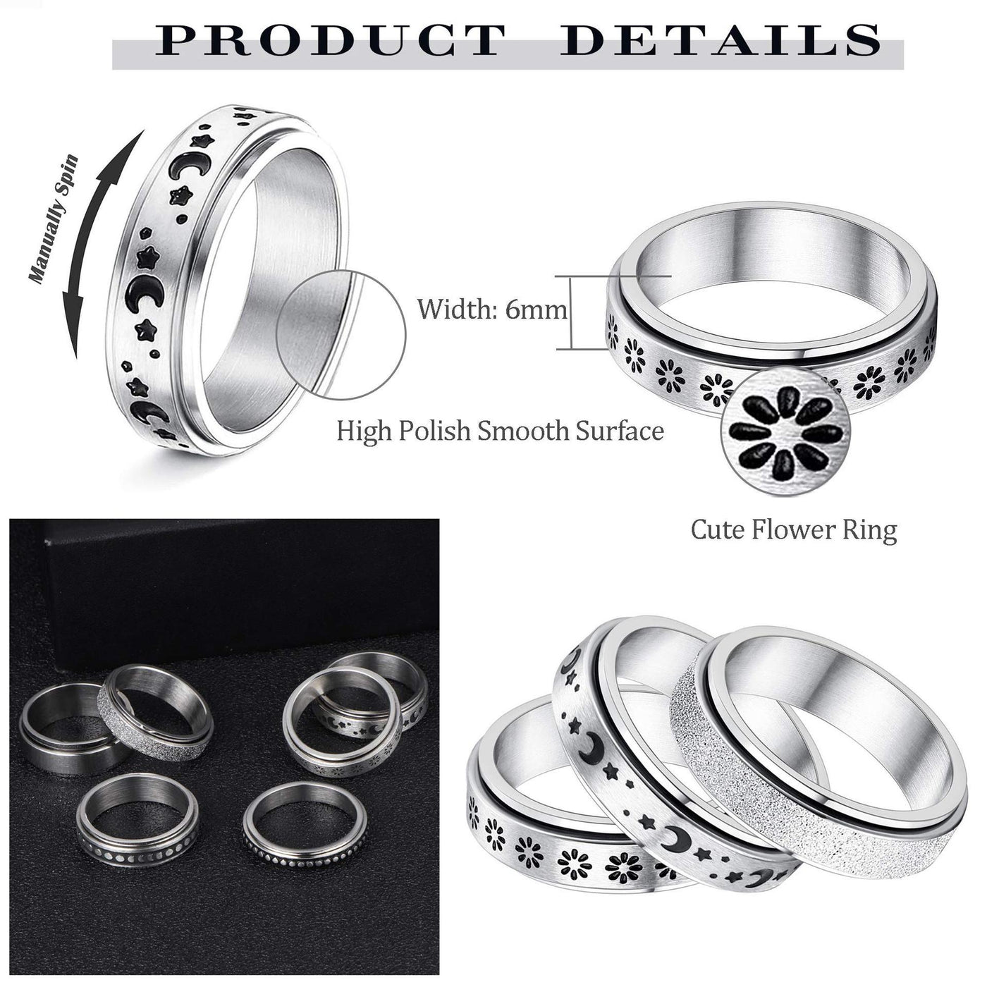 Moon & Stars Spinner Ring – Anti-Anxiety Stainless Steel Band Seasia