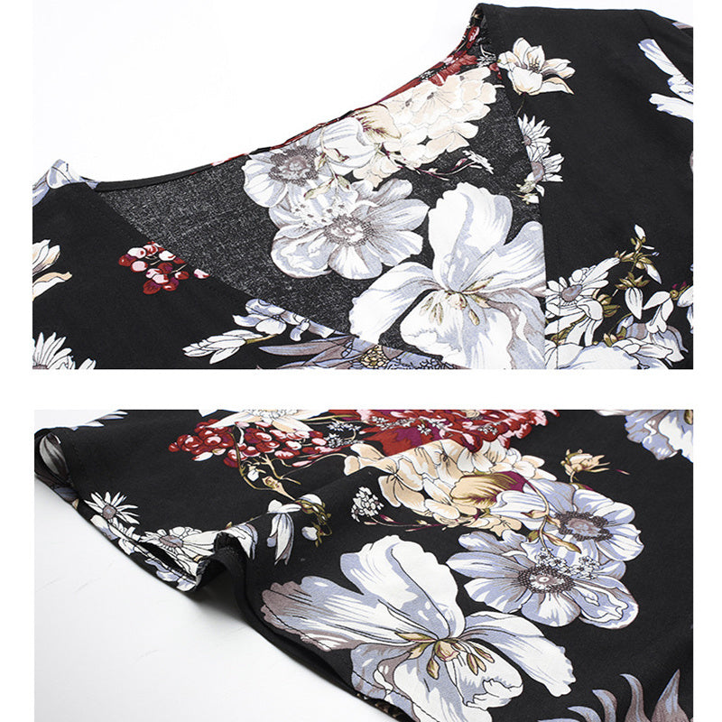 Floral V-Neck Summer Beach Dress – Elastic Waist Mid-Length Seasia