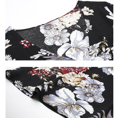 Floral V-Neck Summer Beach Dress – Elastic Waist Mid-Length Seasia