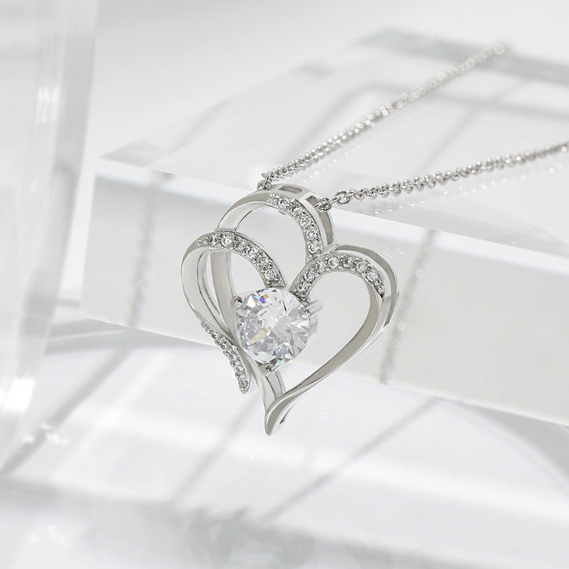 Double Heart Zircon Pendant Necklace Seasia