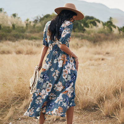 Floral V-Neck Summer Beach Dress – Elastic Waist Mid-Length Seasia