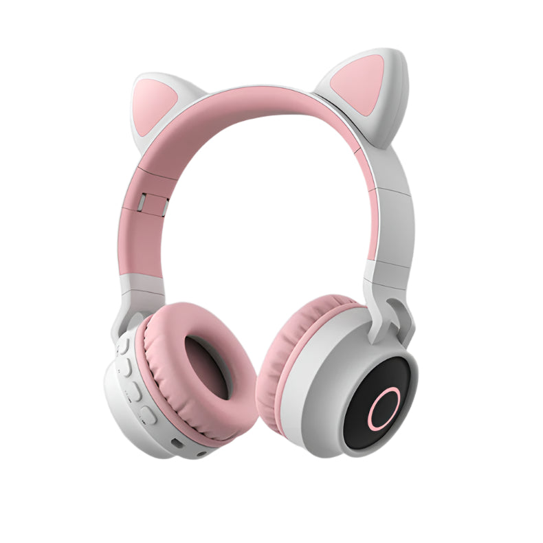 Pink and white headphones with cat ear design on a gray background