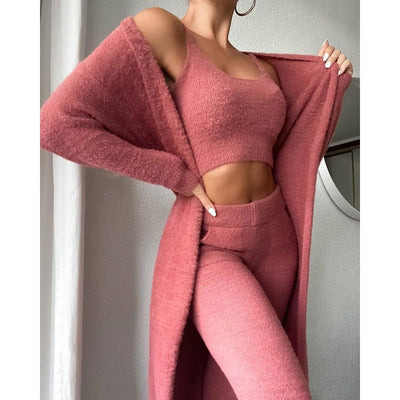 Women's 3-Piece Cozy Lounge Set – Crop Top, Cardigan & Trousers Seasia