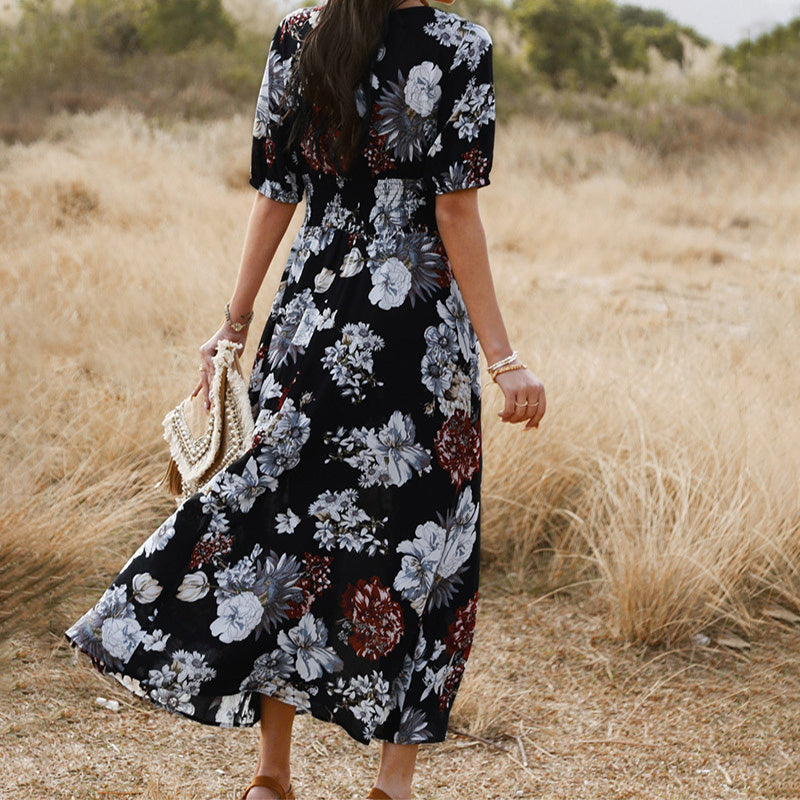 Floral V-Neck Summer Beach Dress – Elastic Waist Mid-Length Seasia