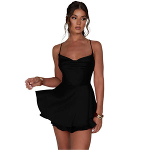 Elegant Satin Backless Mini Dress – Lace-Up A-Line Seasia