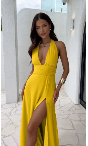 Sexy Halterneck Backless Maxi Dress – V-Neck with Slit Seasia