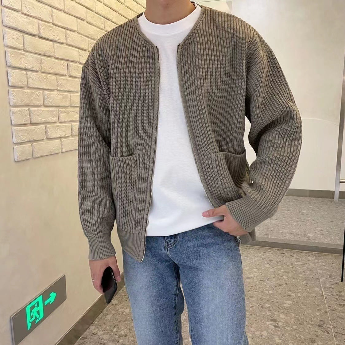 Men Zip Up Knitted Funnel Neck Cardigan Seasia