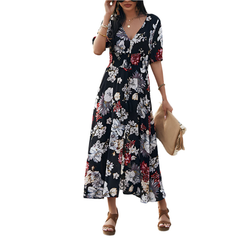Floral V-Neck Summer Beach Dress – Elastic Waist Mid-Length Seasia