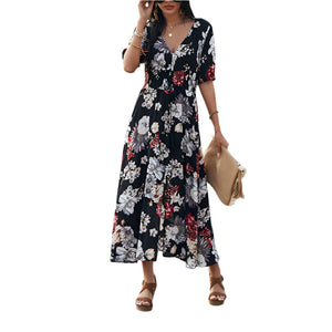 Floral V-Neck Summer Beach Dress – Elastic Waist Mid-Length Seasia